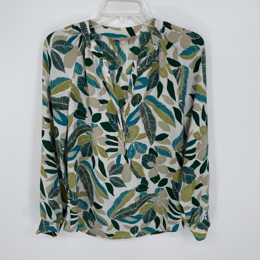 Banana Republic Women's Green Tropical Leaf Print Long Sleeve Blouse Size XS